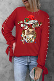 Women's Bead Sleeve Christmas Cow with Glasses Print Red Sweatshirt