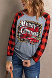 Women's Merry Christmas Car Plaid Round Neck Shift Casual Blouse