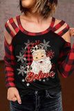 Women's Santa Claus Believe Patchwork Buffalo Plaid Sleeve Strapped Top