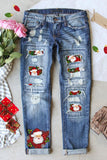 Jeans da donna a gamba dritta con fori strappati natalizi da Babbo Natale