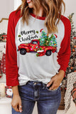 Women's Christmas Car Patchwork Raglan Sleeves Round Neck Long Sleeve Top