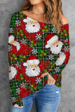Women's Green Plaid Santa Claus Graphic Off the Shoulder Shift Casual Blouse