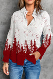 Women's Red and White Christmas Tree Abstract Collar Casual Blouse