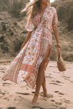 Boho Print Deep V Kimono Sleeves Beach Maxi Dress