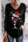 Women's Black Christmas Wine Glass V Neck Curved Hem T Shirt