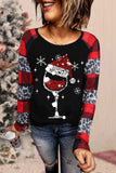 Christmas Red Wine Glass Leopard Plaid Round Neck Sheath Casual Long Sleeve Top Women