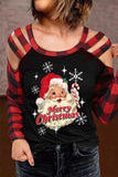 Top da donna a maniche lunghe con scollo a barchetta patchwork di Babbo Natale natalizio da donna