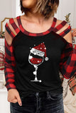 Women's Christmas Red Wine Glass Plaid Sleeve Crew Neck Cut Out Shoulder Casual Blouse