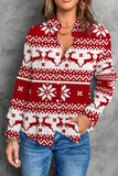 Women's Red Christmas Reindeer and Snowflake Turndown Collar Casual Blouse