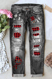 Women's Christmas Snowman Low Rise Plaid Shift Casual Ripped Jeans