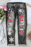 Jeans strappati a vita media con grafica Ho Ho Snowflake da donna