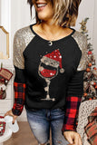 Women's Christmas Red Wine Glass Sequin and Plaid Patchwork Long Sleeve Top