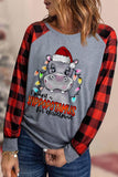 Women's Christmas Hippopotamus Print Buffalo Plaid Raglan Sleeves Top