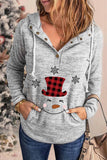 Women's Gray Christmas Snowman Snap Button Drawstring Hoodie with Kangaroo Pocket