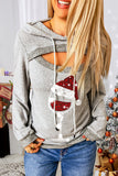 Women's Gray Christmas Red Wine Glass Drawstring Cut Out Hoodie