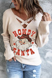 Women's Howdy Santa Letter V Nec Rib Knit Beige Tops