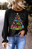 Women's Butterfly Christmas Tree Puff Sleeve Round Neck Black Blouse