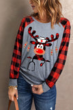 Women's Christmas Elk Plaid Round Neck Long Sleeve T Shirt
