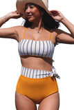 Yellow Vertical Stripes Cutout Tie Waist Two Piece Bikini Set