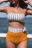 Yellow Vertical Stripes Cutout Tie Waist Two Piece Bikini Set