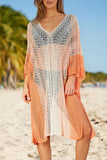 Colorblock Hollow Out Batwing Sleeve Cover Up Beach Dress
