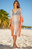 LC421639-14, Orange Colorblock Hollow Out Batwing Sleeve Cover Up Beach Dress