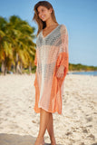 LC421639-14, Orange Colorblock Hollow Out Batwing Sleeve Cover Up Beach Dress