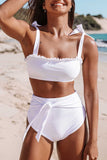 White Sheer Frill Trim Tie Shoulder Backless High Waist Bikini