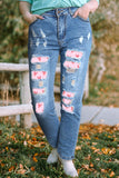 Blue Ripped Contrast Print Distressed Jeans
