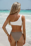 Asymmetric Color Block Ribbed One Shoulder High Cut Bikini