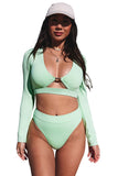 Green Cutout High Waist Long Sleeve Bathing Suit