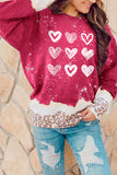 Red Leopard Bleached Multiple Heart Print Sweatshirt