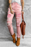 Pink Valentine's Print Distressed Ripped Jeans for Women