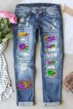 Mardi Gras Heart Leopard Glitter Pattern Patchwork Distressed Jeans
