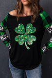 St Patrick's Day Plaid Leopard Splicing Long Sleeve Top