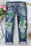 Women's Blue Irish Shamrock Graphic Ripped Low Waisted Jeans