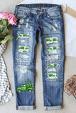 Women's Blue Shamrock Print Straight Cutout Jeans