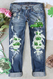 Blue St Patrick's Day Clover Truck Graphic Print Tattered Jeans