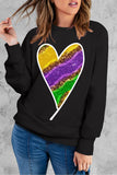 Black Striped Heart Print Crew Neck Sweatshirt