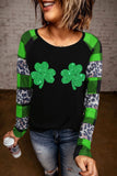 Plaid Leopard Splicing Lucky Clover Graphic Long Sleeve Top