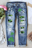 Blue Sparkling Clover Embroidery Ripped Jeans