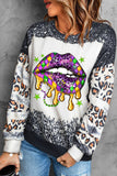 Mardi Gras 3D Dripping Mouth Print Leopard Patchwork Bleached Sweatshirt