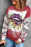 Red 3D Dripping Mouth Print Leopard Patchwork Bleached Sweatshirt