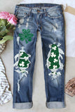 Washed Cutout Shamrock Print Patchwork Middle Waist Jeans