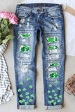 Skyblue Tattered Clover Graphic Patchwork Distressed Jeans Women