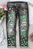 Jeans consumati con patchwork grafico a trifoglio strappato da donna