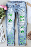 Skyblue Tattered Clover Graphic Patchwork Distressed Jeans Women
