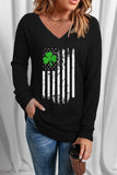 American Flag Clover Graphic V Neck Long Sleeve Top