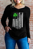 Black American Flag Clover Graphic V Neck Long Sleeve Top