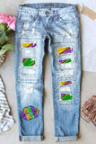 Multi-color Lips Print Cutout Distressed Jeans